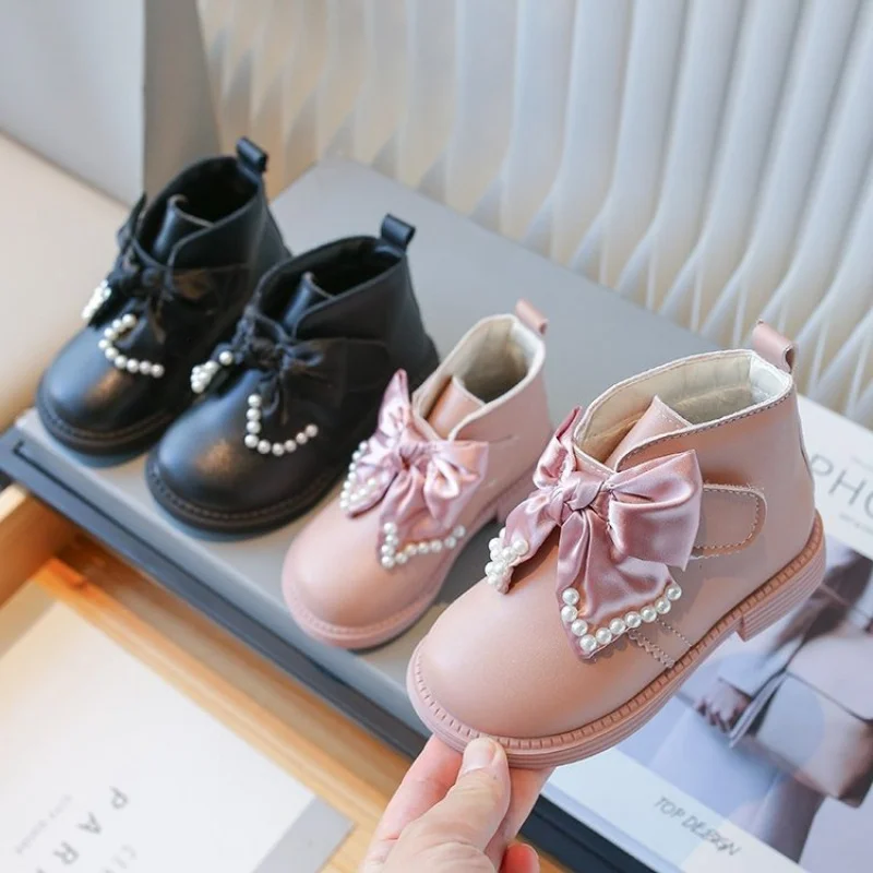 

2025 Girls Pearl Bow Ankle Boots, Plush Lined Warm Winter Boots with Soft Non-Slip Sole, Fashion Princess Shoes for Toddler
