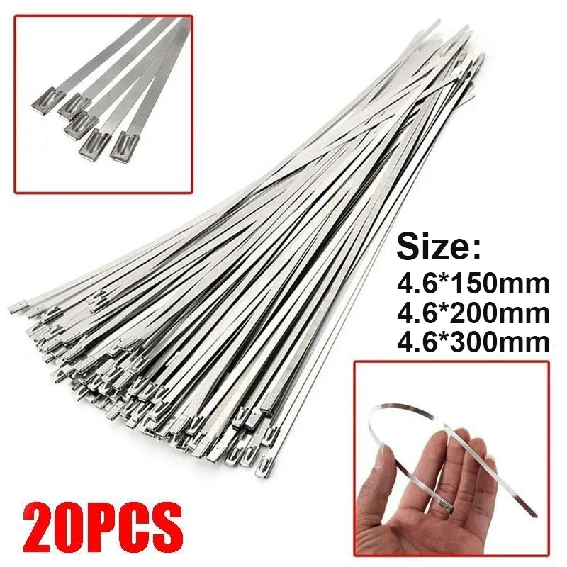 20pcs Stainless Steel Cable Ties Length 150/200/300mm Self-sealing Cable Zipper Tie Multi-Purpose Metal Exhaust Wrap Sealing Tie