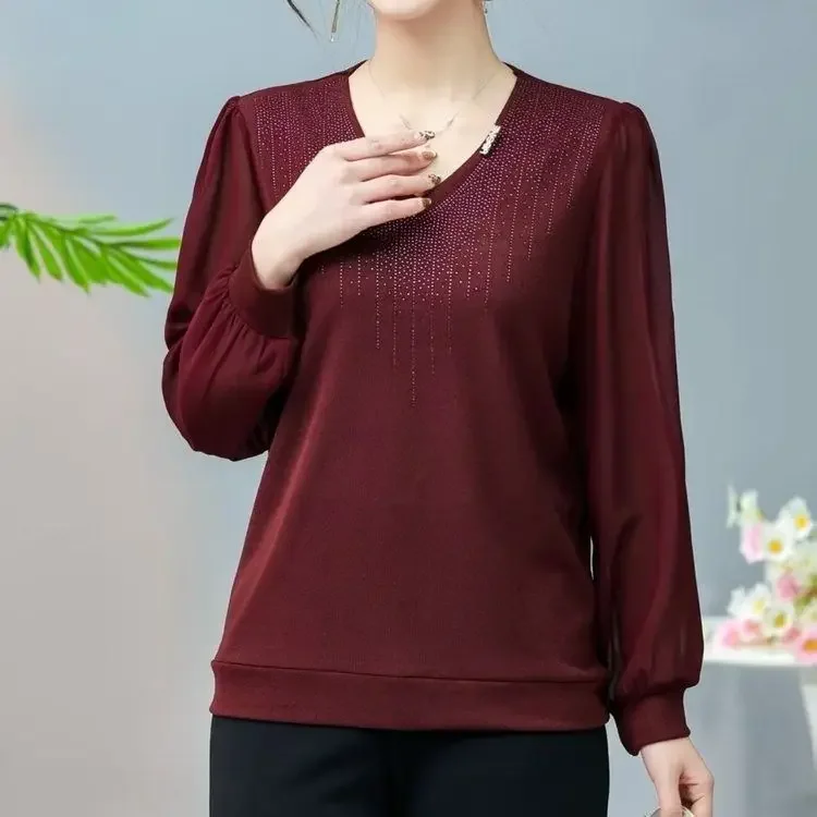 

Сплошной цвет с v-образным вырезом, модный тонкий топ, весенняя новая футболка с длинным рукавом, женская элегантная футболка со стразами