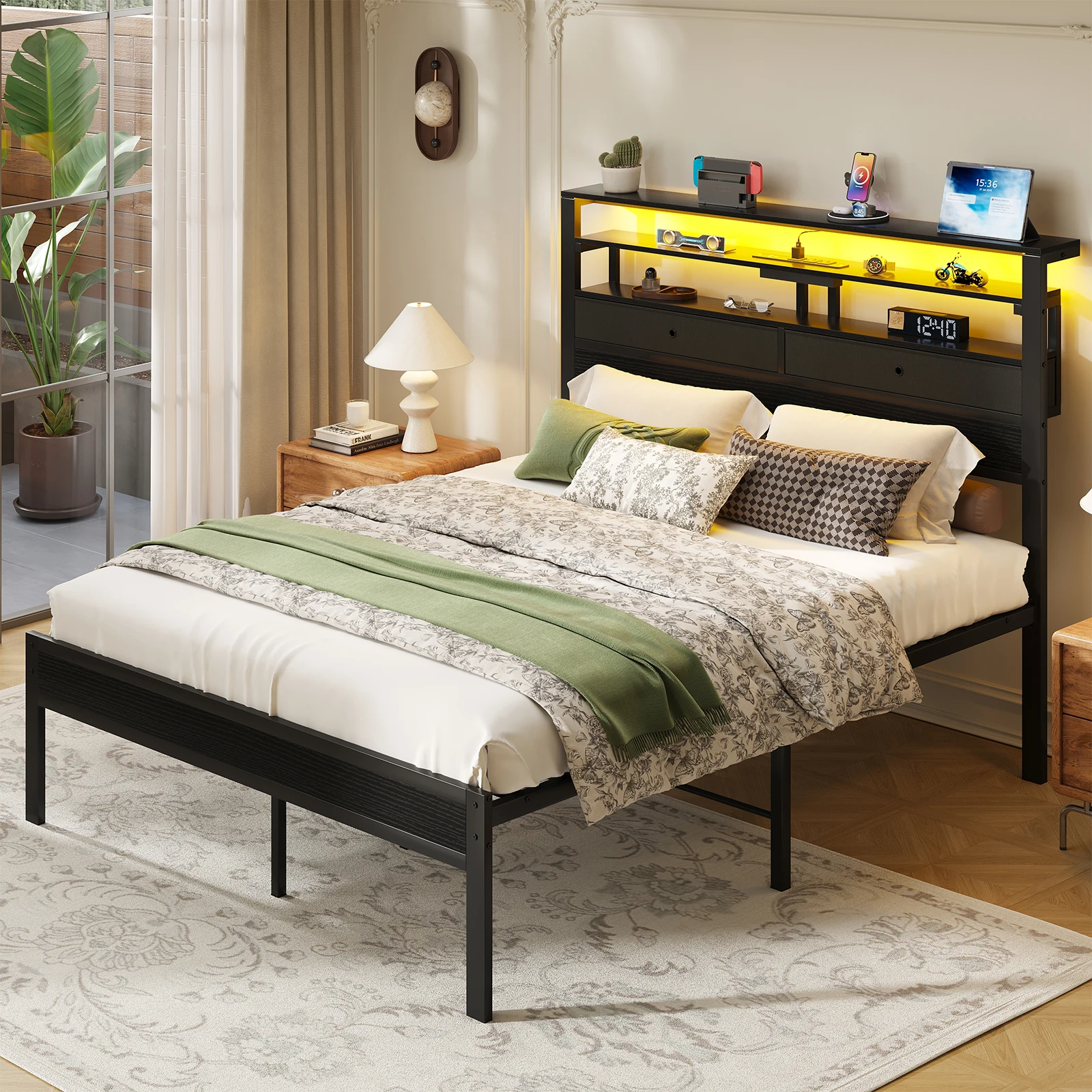 JHK Metal Platform Bed Frame with Storage LED Lights 3-Tier Headboard Shelves with 2 Headboard Drawers and Charging Station Slat Support No Box Spring Needed Easy Assembly Eco-Friendly For Living Room