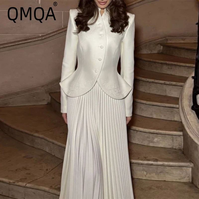 

QMQA Fashion Women's Minimalist Two Piece Set Stand Collar Long Sleeve Spliced Button Tops High Waist Skirt Sets Female QM238