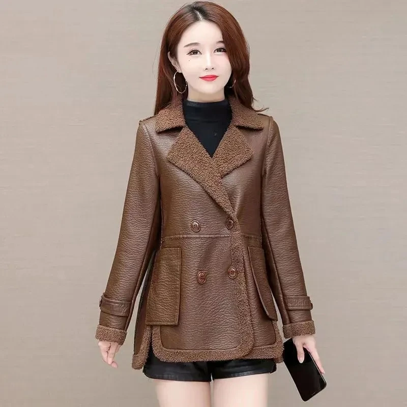 5XL2023 New Fashion Double-Sided Pu Leather Jacket Women Winter Sheep Shear Together Thicken Warm Coat Female Sheepskin Overcoat