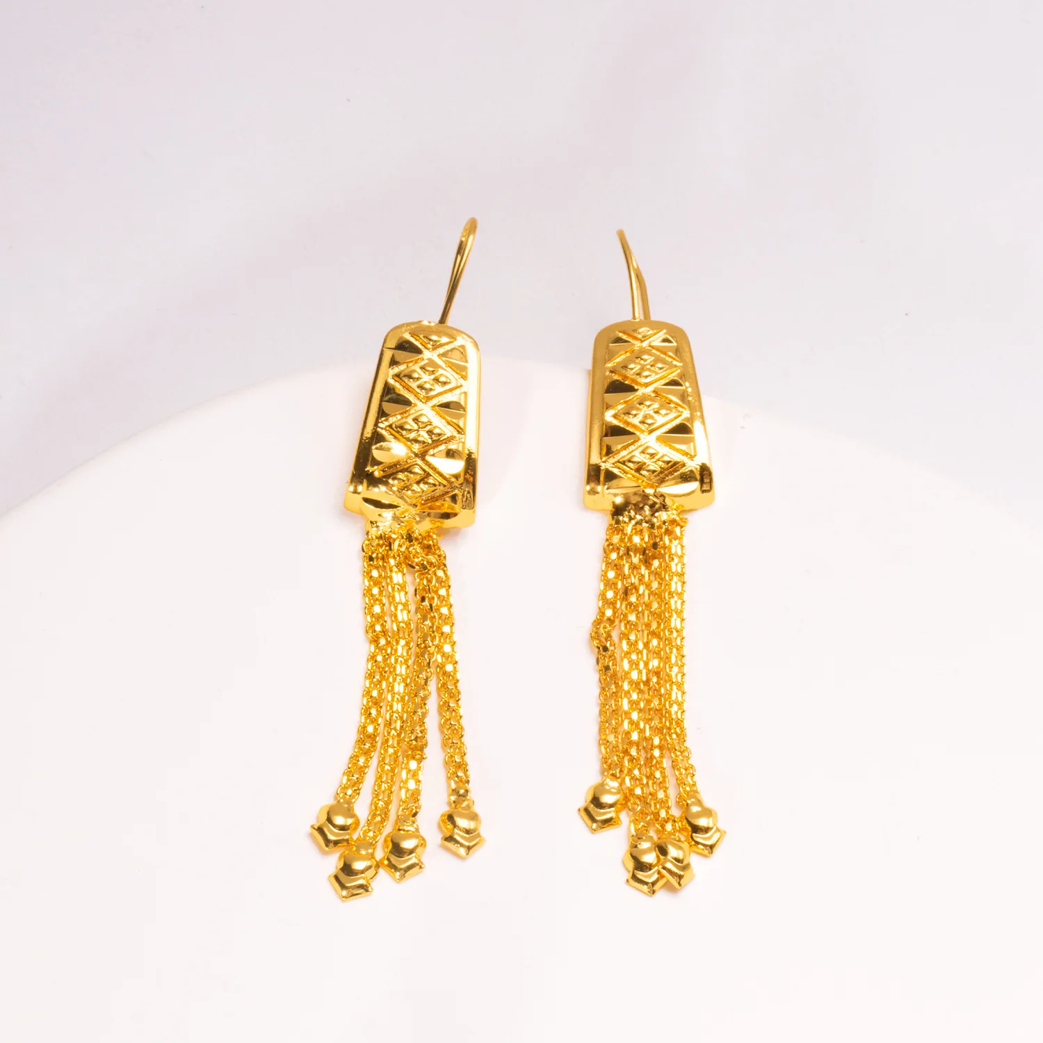 9999 gold pendant earrings with dangling accents - elegant Indian bride-style long earrings with a sophisticated touch