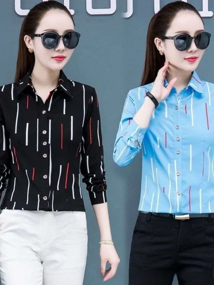 

Women's Striped Shirt Long Sleeve Spring New Middle-aged M Commute Style Slim Fit Polyester Fiber Thin Model Chinese Origin
