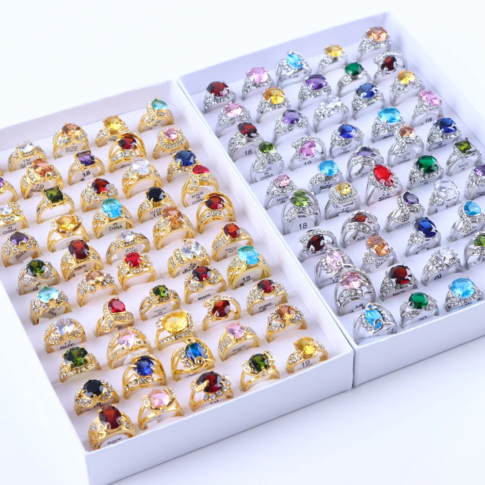 20Pcs/Lot Fashion Multicolor Cubic Zircon Rings For Women Mix Style Trendy Wedding Engagement Jewelry Party Gifts Wholesale