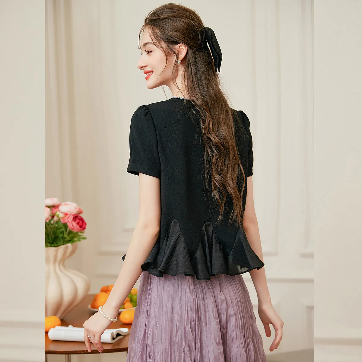 LOUIS YAO New Patchwork Women's Blouses 2025 Summer Neckline Bead Chain Lotus Women top Leaf Hem Slim Short Sleeve Shirt