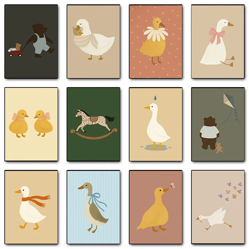 Cute Silly Goose Rocking Horse Chick Teddy Bear Blue Duck Poster Print Wall Art Pictures Canvas Painting Room Home Decor Gift