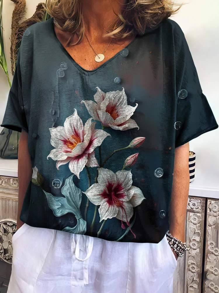 

Vintage Women's T Shirts V-neck 3d Flower Print Tops Loose Short Sleeve Tees Summer Streetwear Casual Oversized Female Clothing