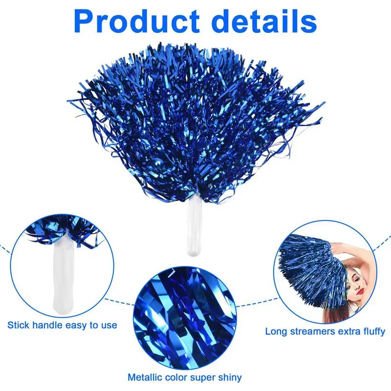 T22C 120Pcs Cheerleading Pom Poms Metallic Foil Cheer Pom Poms With Plastic Handle For Adults Kids Cheerleaders Party Blue