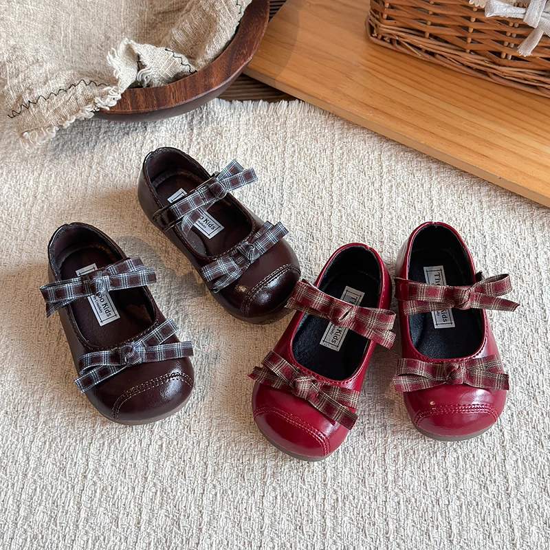 Spring Autumn Girls Mary Jane Shoes Plaid Bow Kids Leather Shoes Round-toe Causal School Walking Non-slip Children Flat Shoes
