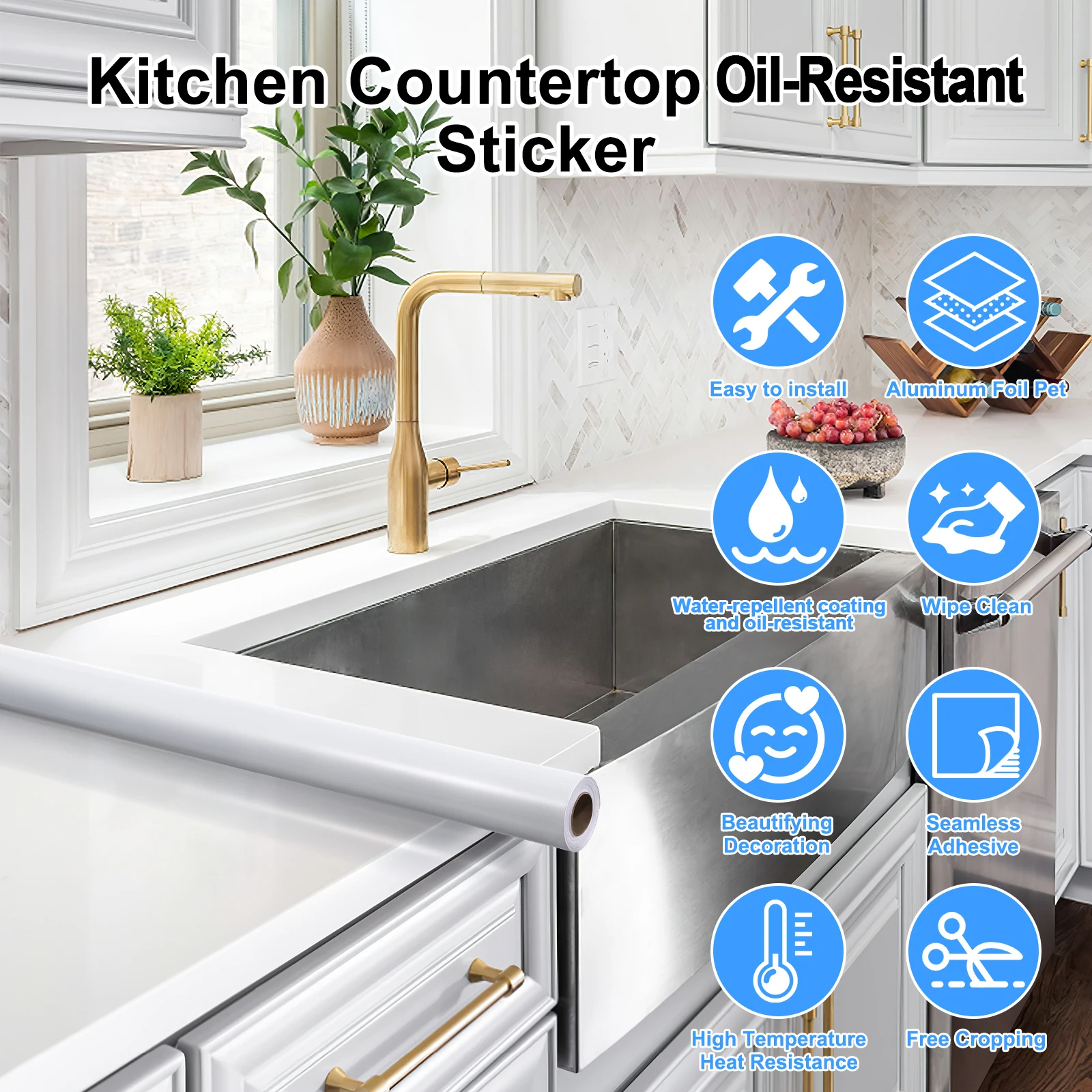 

Heat-resistant Wall Sticker 60cmx10m Self Adhesive Aluminum Foil for Kitchen Countertop Protector Oil-proof Decorative Wallpaper
