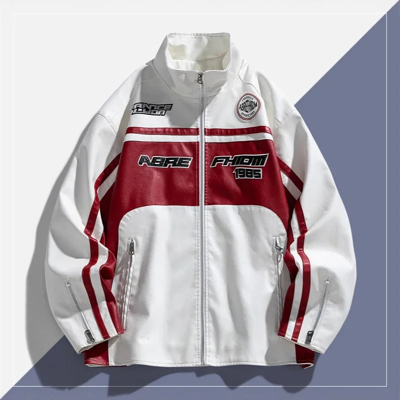 

Autumn Man Leather Jacket Letter Printed Contrast Color Long Sleeve Zipper Male Coat High Street Motorcycle Punk Men Outerwear