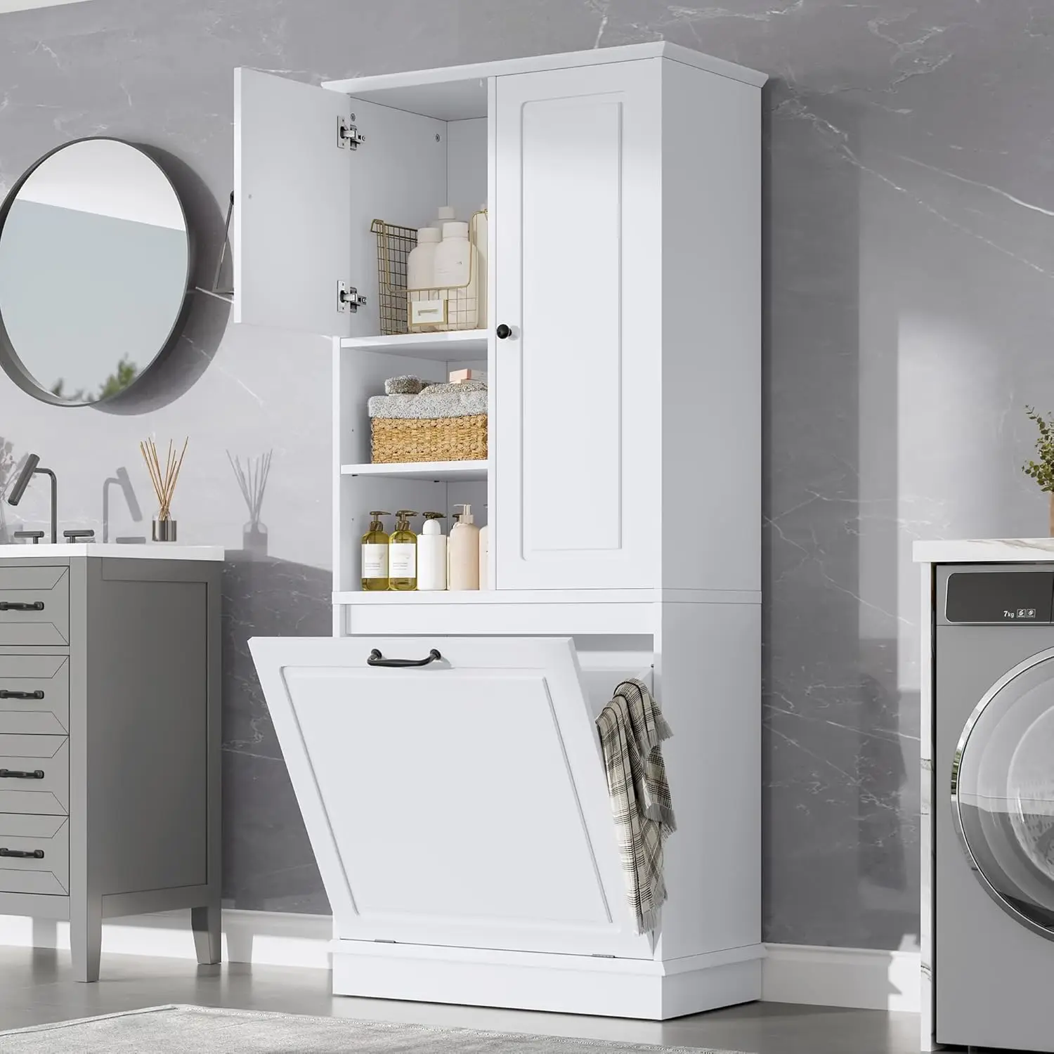 Cesto para Ropa Sucia Abatible de 68 Pulgadas de Alto, Mueble de Lavandería de Madera con Cesto Oculto, Armario de Almacenamiento Independiente, Personalizable