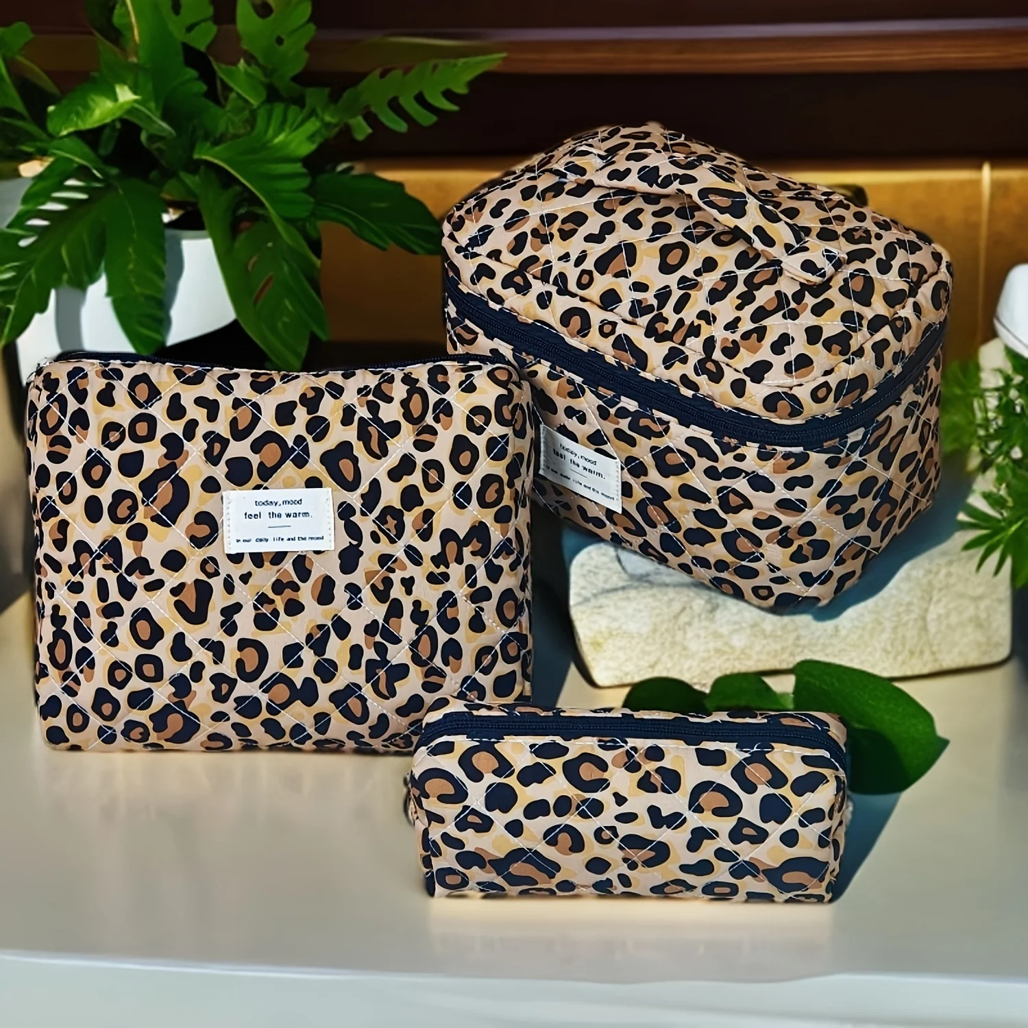 4Pcs European American Ins Style Leopard Print Makeup Bag Double Layer Large Capacity Travel Toiletry Bag Cosmetic Storage Organ