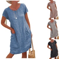 Summer Female Round Collar Short Sleeve Pocket Loose Linen Dress Causal Female Vacation Beachwear Vestidos XYMFS-8821