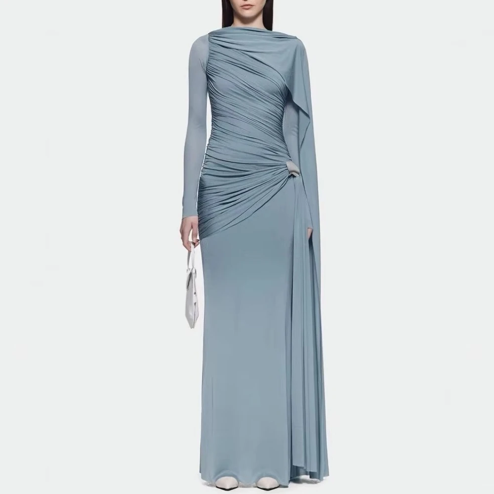 Elegante o pescoço mangas compridas vestidos de noite sexy celebridade vestido longo requintado alta qualidade vestidos de festa de baile feminino personalizado