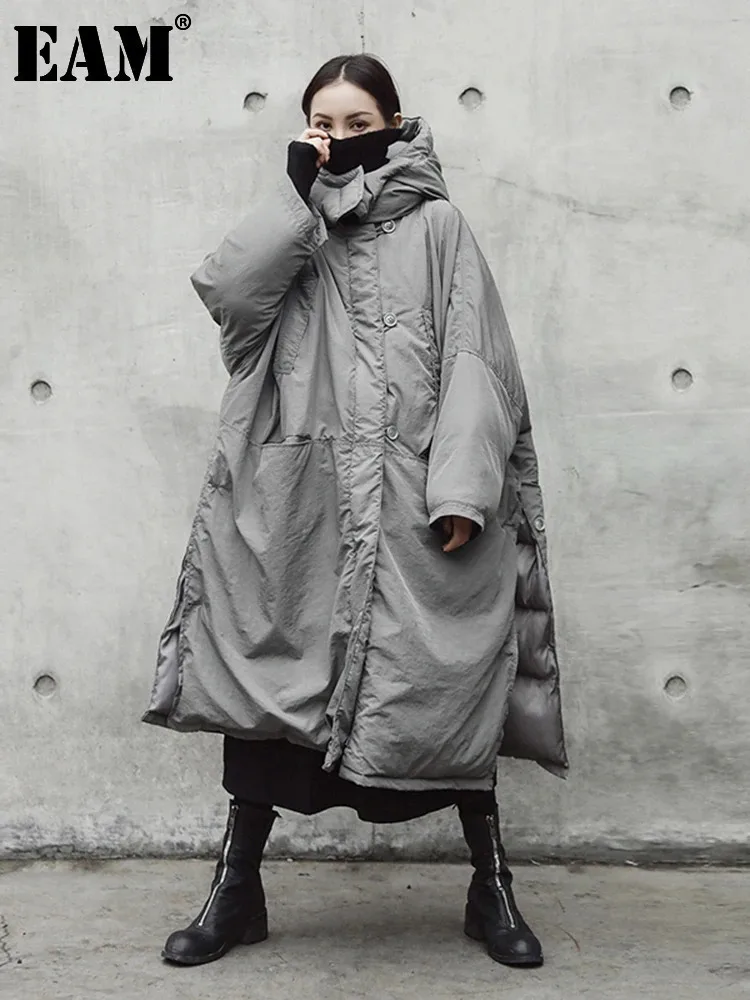 [EAM]  Hooded Cotton-padded Gray Big Size Long Warm Coat Long Sleeve Loose Fit Women Parkas Fashion Autumn Winter 2025 JE02002