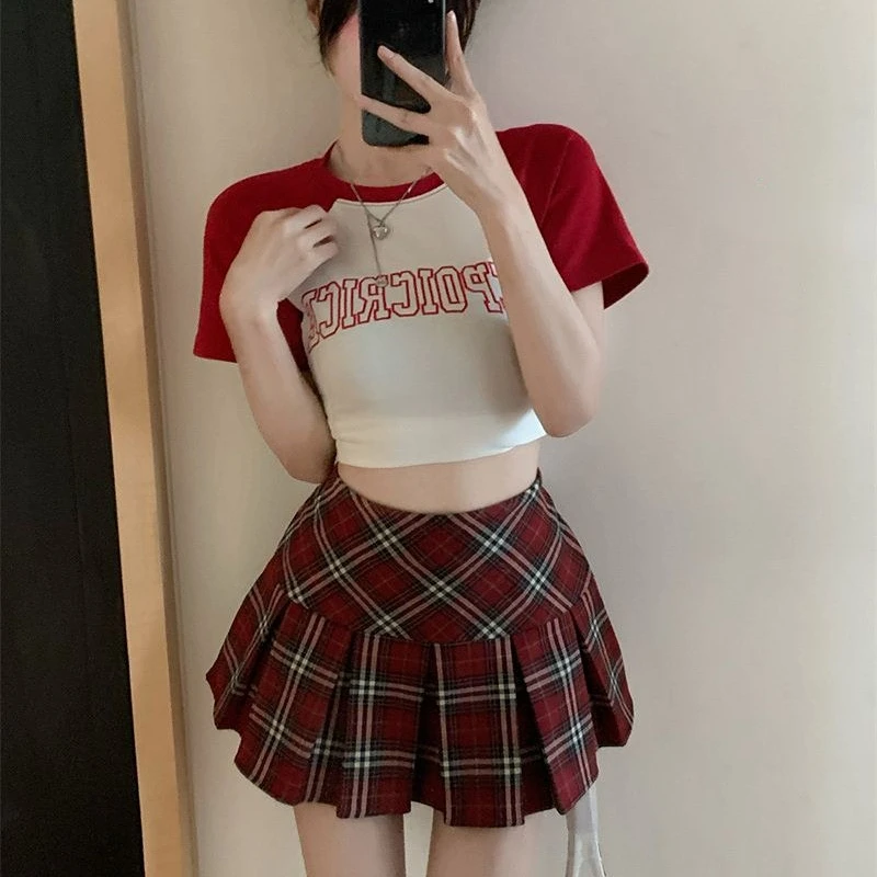 Mini saias plissadas mulheres vermelho verão harajuku europeu streetwear temperamento all-match adolescentes kawaii roupas moda preppy S-4XL ins