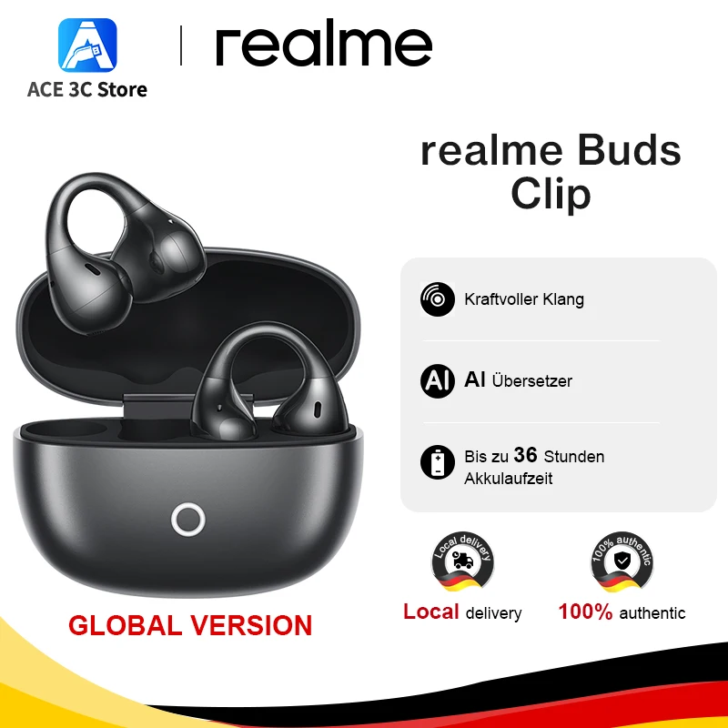 Globale Version realme Buds Clip Ohrhörer Titan-Fit-Design 5,3 g Papierleicht NextBass-Algorithmus Al Translator Kraftvoller Klang