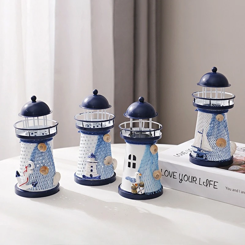 Mediterrenean-style Decoration Iron Sheet Lighthouse Hand-painted Electronic Lighthouse Household Decoration Creative Display