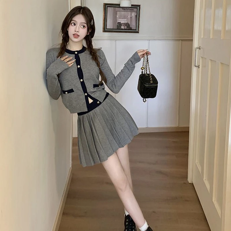 Women Spring Autumn Sweet Knit Matching Sets Japan Korean Preppy Style Thin Sweater Cardigan Mini Skirts Outfits Coat Skirt Suit