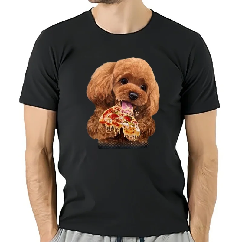 Chiot caniche affamé devorante la Pizza, chien-Camiseta couverture en coton chemises camisetas personalizadas de gran oferta