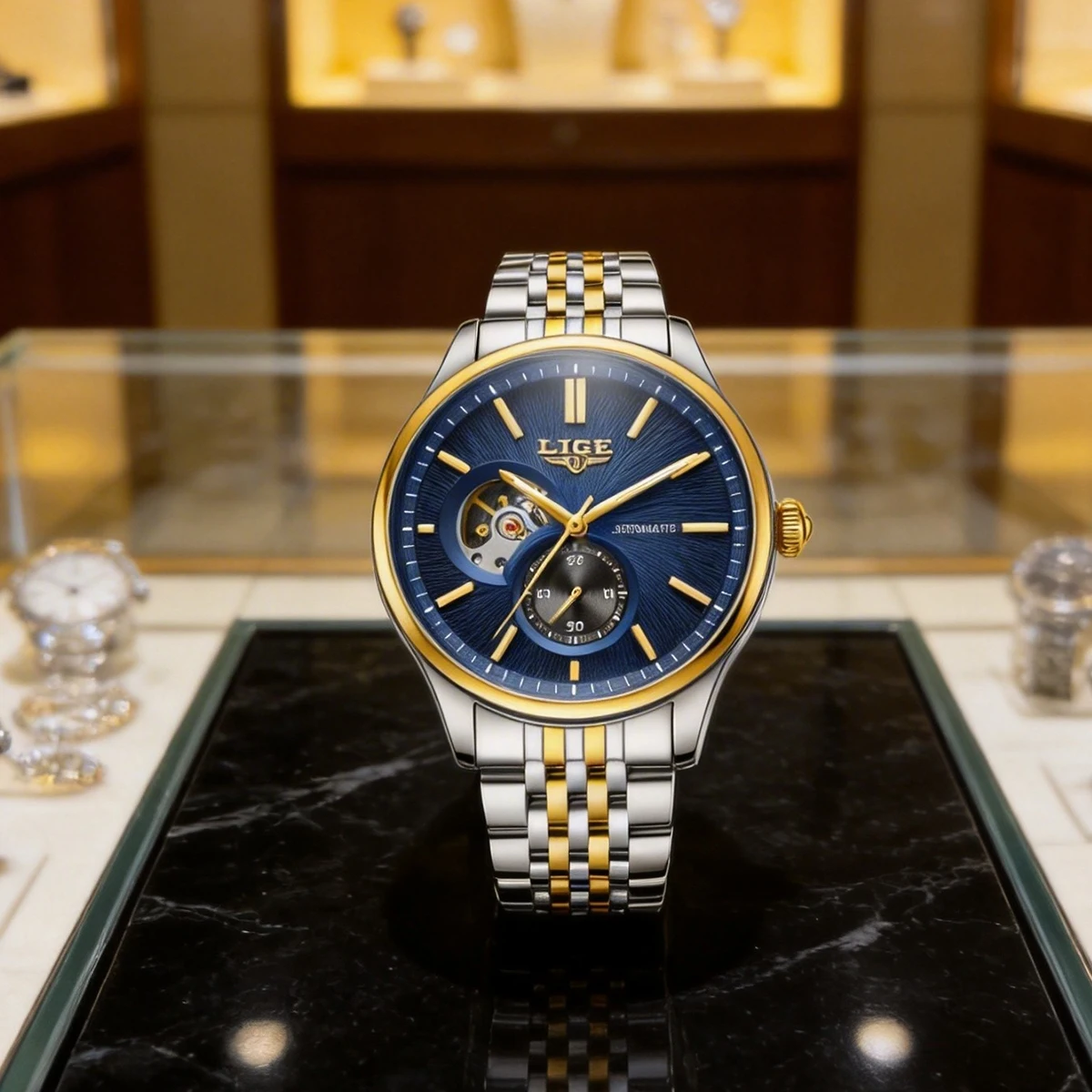 LIGE Men's Automatic Open Heart Watch Blue Dial Stainless Steel Band Casual Dress Wristwatch 30M Water Resistant Fashion Watch
