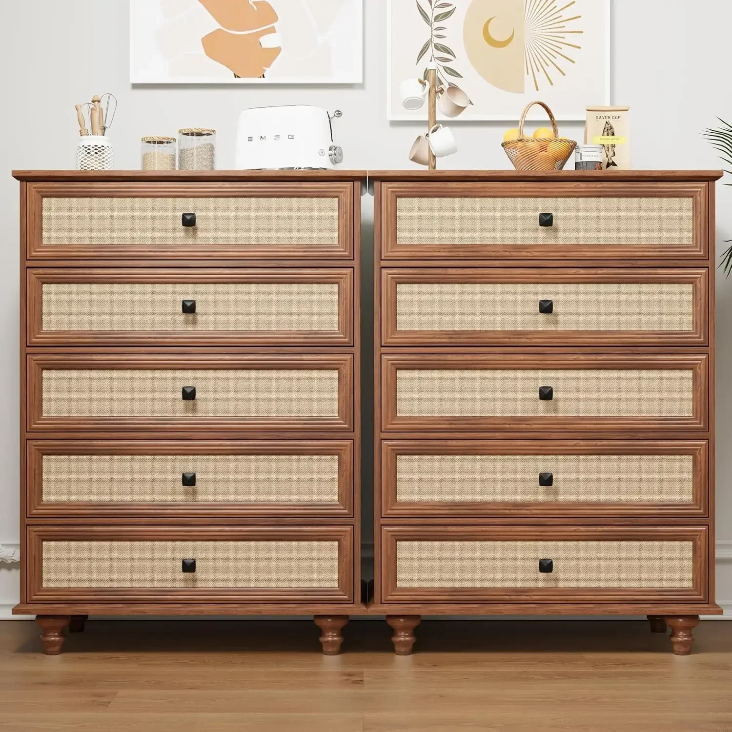

10 Drawer Dresser for Bedroom, Mid Century Modern Wide Wood Rustic Chest of Drawers Wooden Storage Organizer Dressers