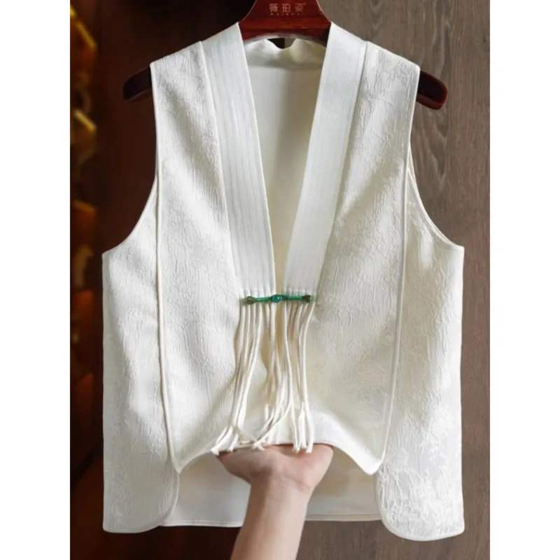 #5142Black White Vintage Vest Coat Women Kimono Cardigan Vest Female V-nevk Short Sleeveless Coat Femme Tassels Waistcoat Spring