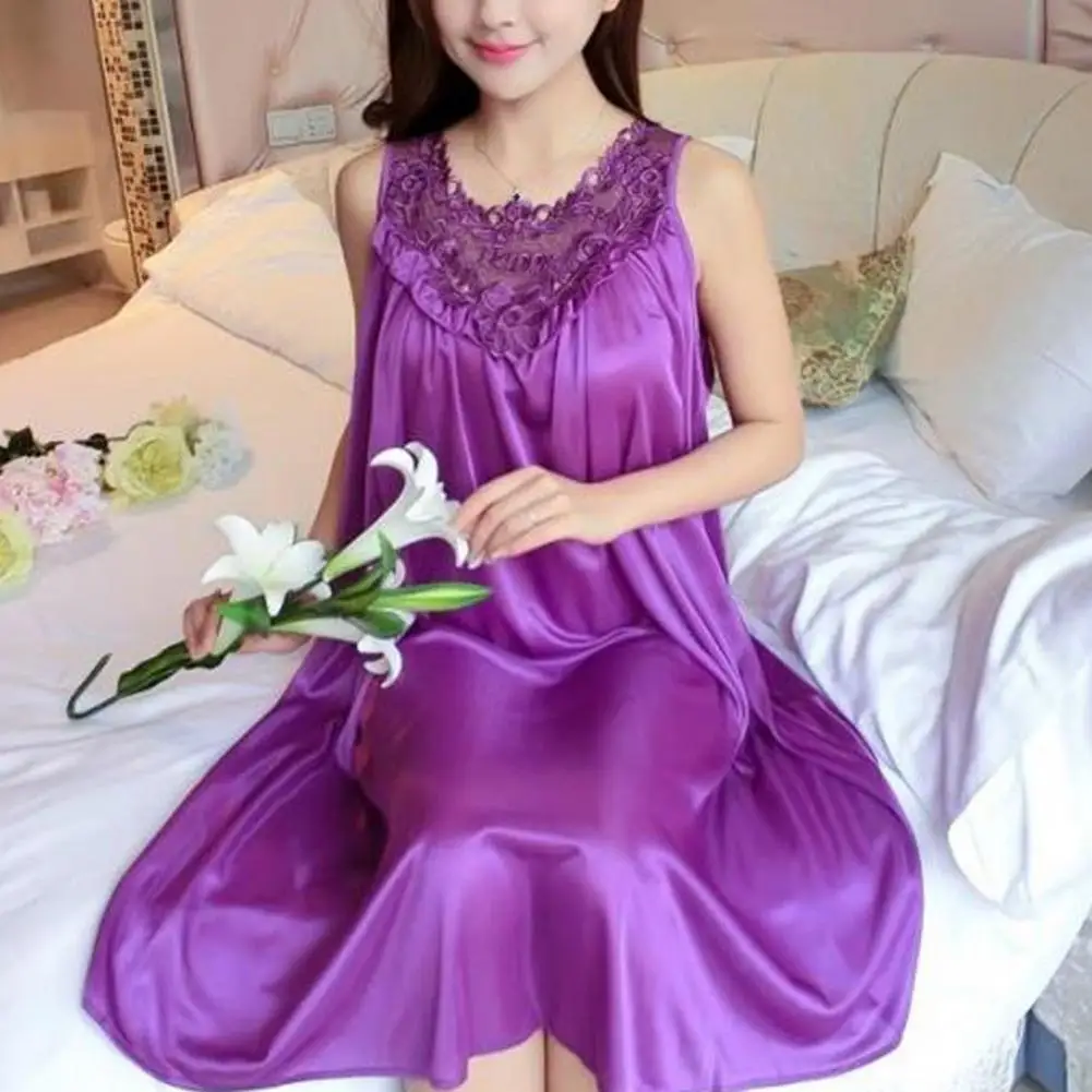 Ice Silk Satin Women Nightgown Sleeveless Lace Stitching Large Sexy Night Dress Sleepwear Female Nightgown Women Sleeping Dress