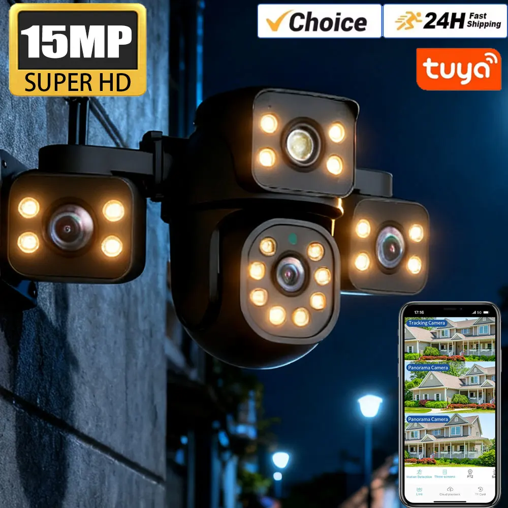 Drei Bildschirm Drei Objektiv 15MP HD WIFI IP Farbe Nachtsicht Kamera Auto Tracking IP66 Wasserdichte CCTV Video Sicherheit Tuya Smart