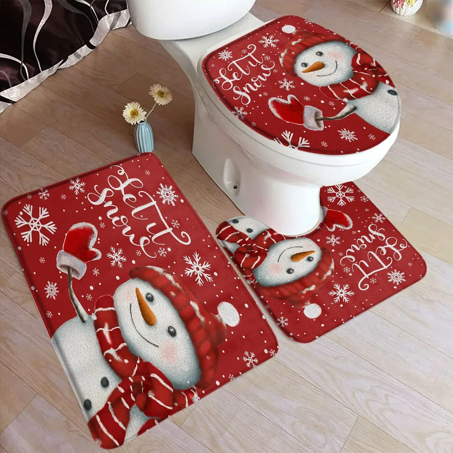 Cute Snowman Christmas Bath Mat Set White Snowflake Red New Year Xmas Carpet Home Bathroom Decoration Floor Rug Toilet Lid Cover