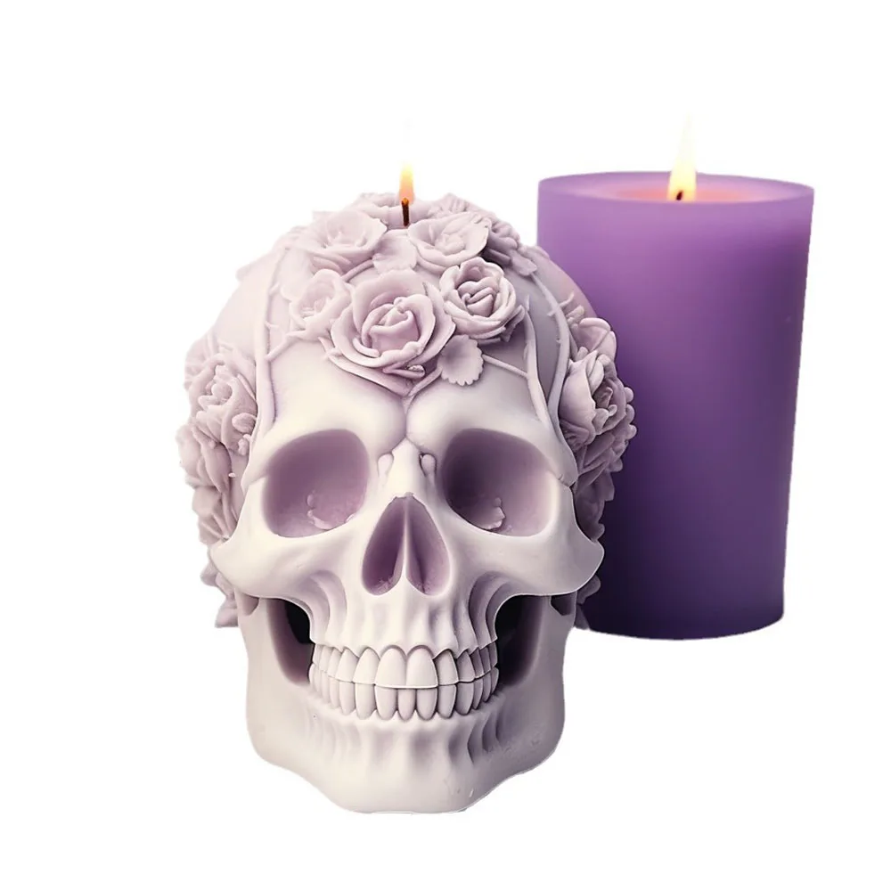 Rose Skull Candle Mold DIY Chocolate Cake Handmade Soap Plaster Resin Gypsum Silicone Mould Halloween Decoration Ornaments 1PC