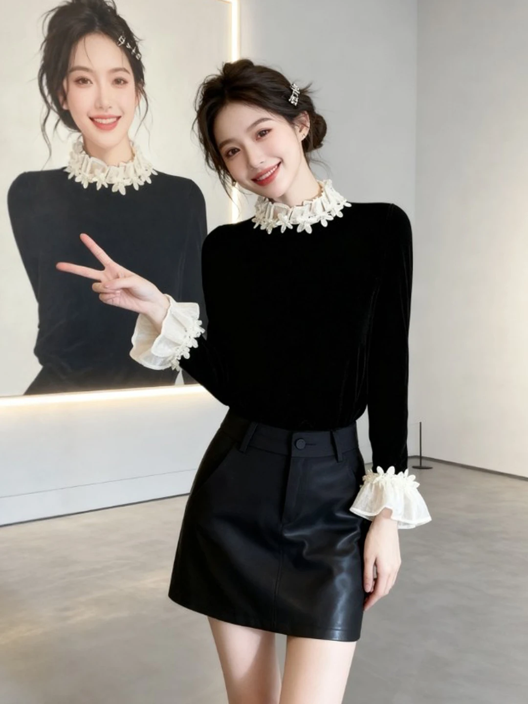 

Hebden Sle Ele Bla irt with Lace Collar Color Blo Faionable Spring 2026 Women's Slim Fit Long Sve Casual irt