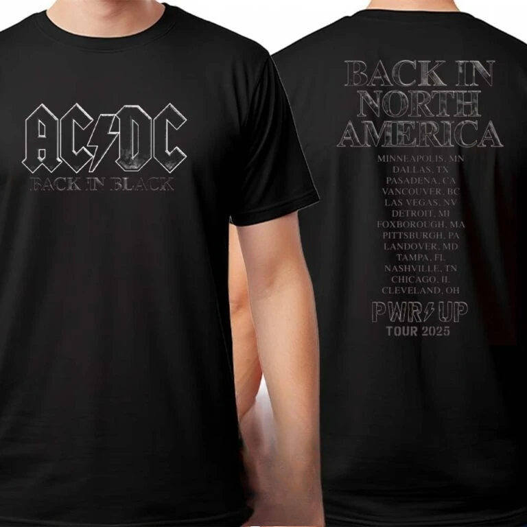 تي شيرت AC DC PWR UP Australia Tour 2025 للبضائع مع قائمة التواريخ لشهر نوفمبر وديسمبر تي شيرت مطبوع على الوجهين للجنسين