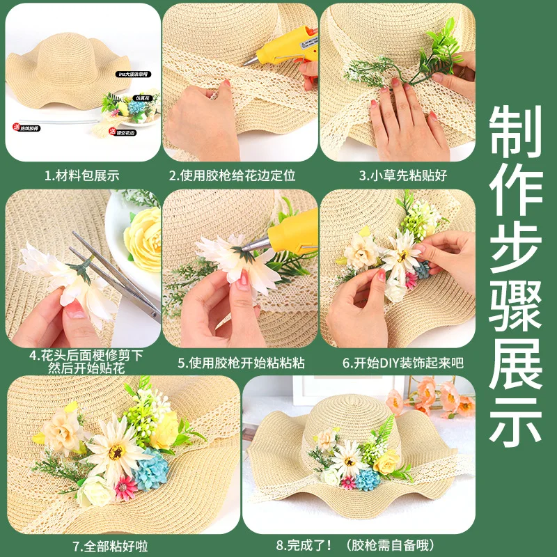 Benutzerdefiniertes Blumen-Strohhut-Set im französischen Stil, Hut mit getrockneten Blumen, Muttertag