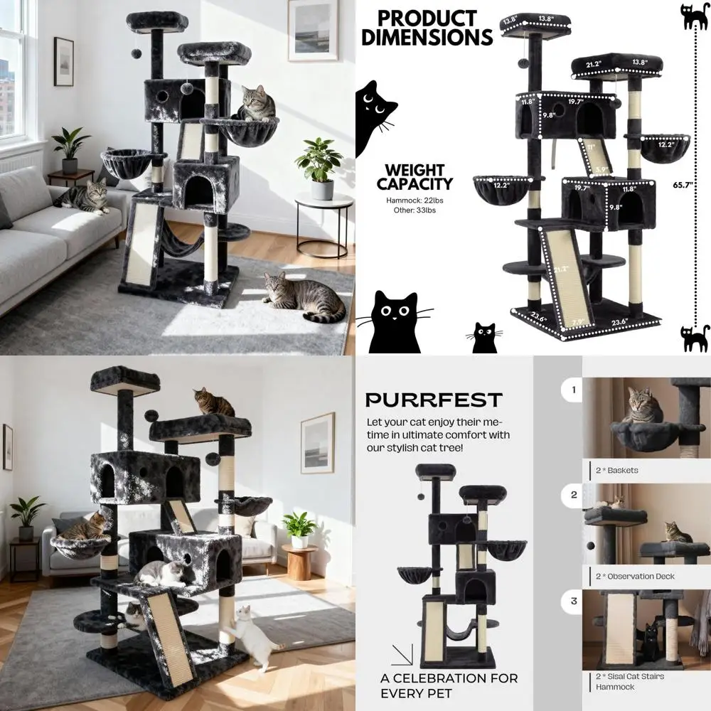 

Многоуровневая большая лежанка-башня для кошек 65 см - домик для игр в помещении с плюшевыми лежанками, сизалевыми столбиками, гамаком, корзинами и широким основанием, цвет дымчато-серый