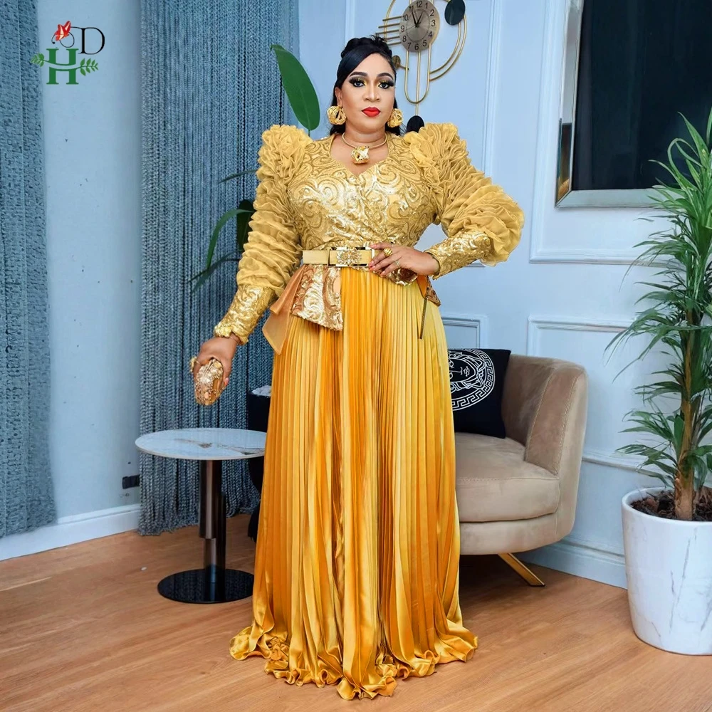 

2025 New African Clothes Plus Size For Women Elegant Fashion Dresses Turkey Party Wedding Bir Dress Ankara Pleated Sequins Dress