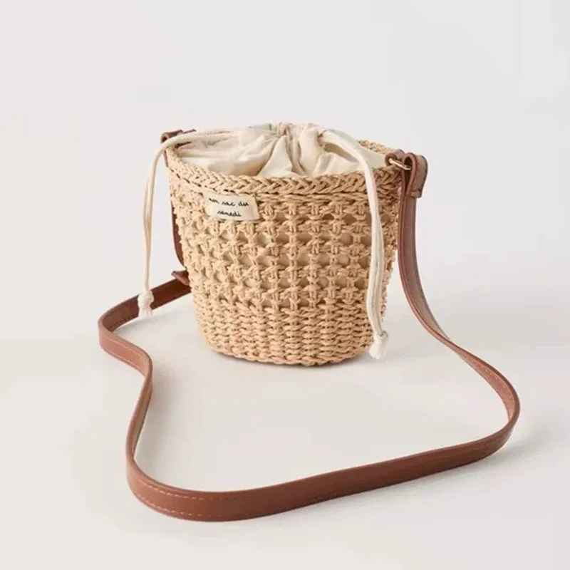 

Summer Raffia Bucket Crossbody Bags For Women Hollow Out Weaving Shoulder Crossbody Bags Beach Vacation Purse Handbags