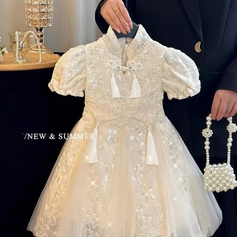

Girls' Hanfu Dress Summer Dress 2026 New Chinese Style Children's Cheongsam Bubble Sleeve Mesh Princess Dress
