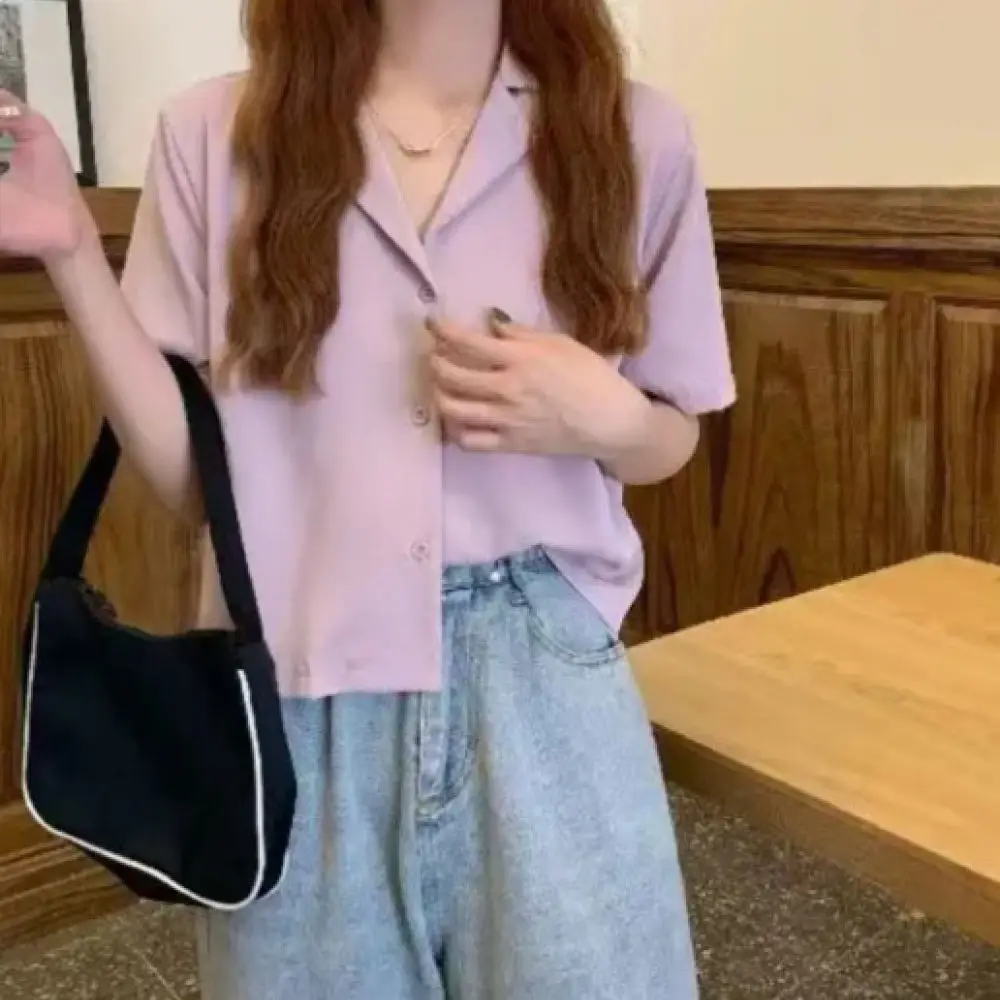 Elegant Korean Style Shirt Women Summer Short Sleeve Blouse Lapel Collar Casual Office Workwear Loose Fit Fashion Tops