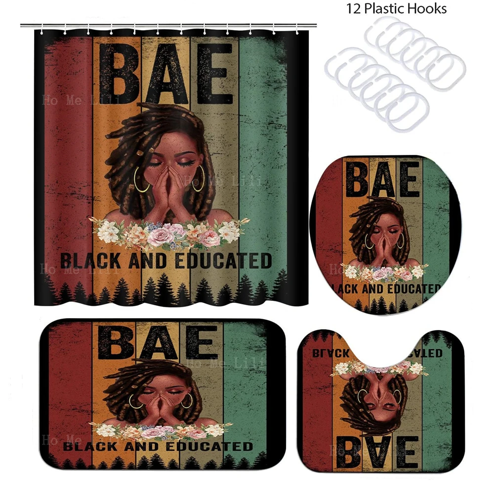 Boho African Praying Girl Inspirational Quote Retro Black Girl Bathroom Decor Shower Curtains With Bath Mat Sets