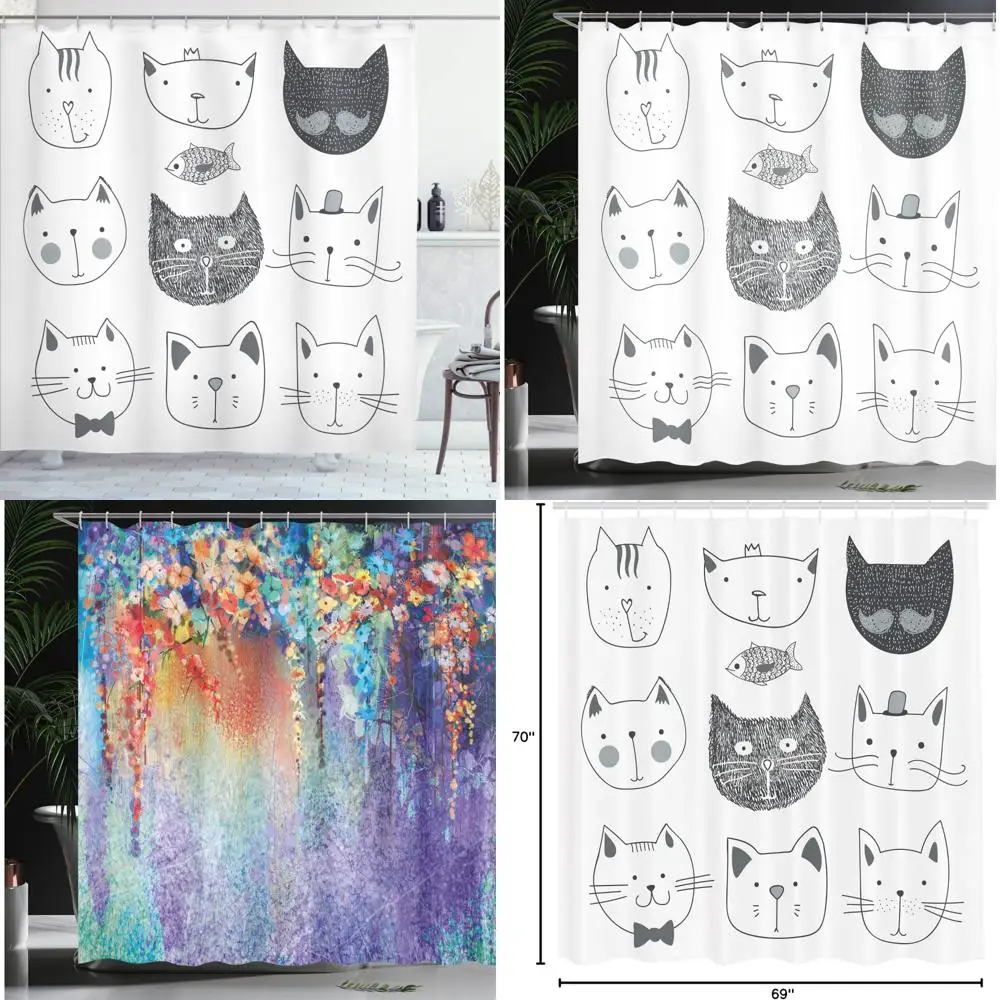 

whimsical cat shower curtain with bow tie, crown, and fish faces for playful bathroom decor