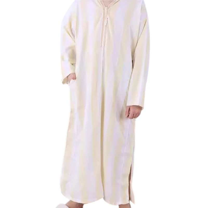 634C Mens Striped Muslims Robe Muslims Clothing Saudi Arabic Robe Long Sleeves Kaftan Thobe Hoodie Middle East Jubba Thobe