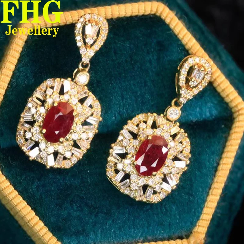 

Real Diamond 18K Au750 Yellow Gold Eearrings Real Diamond 0.7Carat natrual Ruby 1CT Wedding Party Engagement Fashion