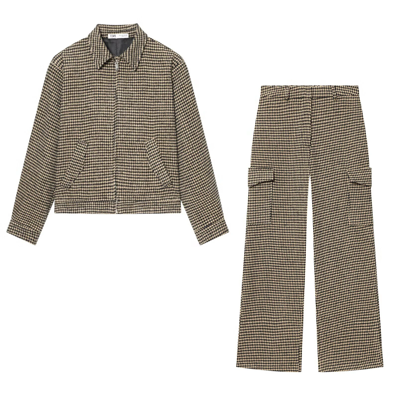 

Новый комплект женской одежды в европейском и американском стиле 2026: куртка-пилот с наплечниками в клетку «гусиная лапка» и брюки