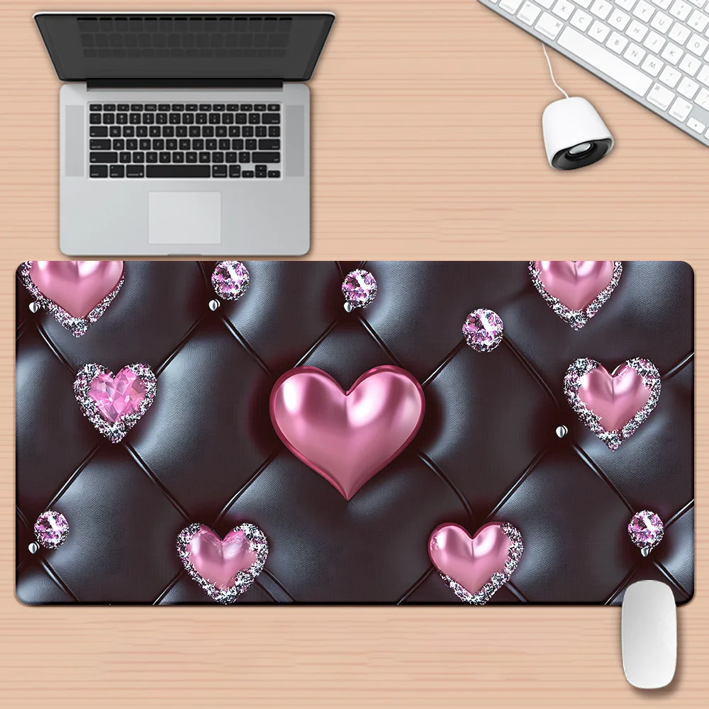 Pink Diamond Heart Mouse Pad Large Non-Slip Rubber Desk Mat for Gaming Office PC Laptop