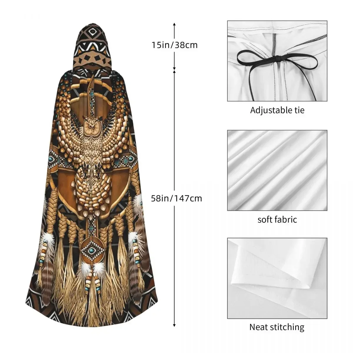 Customization Native American Owl Tribal Long Hooded Cloak Witch Medieval Costume Cosplay Cape HalloweenCoat Adult Unisex