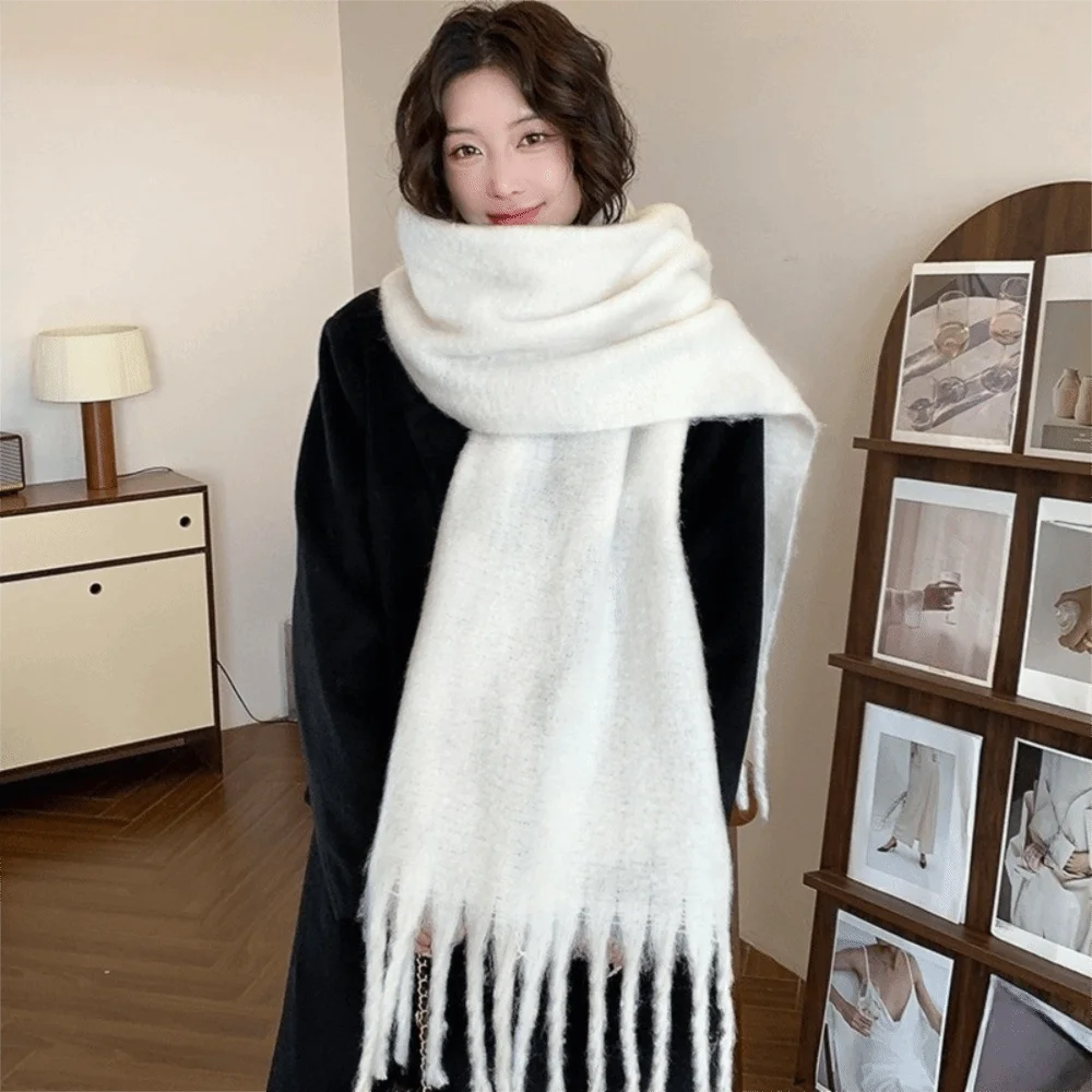 

Simple Mohair Wool Scarf Plush Thicken Winter Cashmere Scarves Keep Warm Solid Color Long Shawl Women/Men