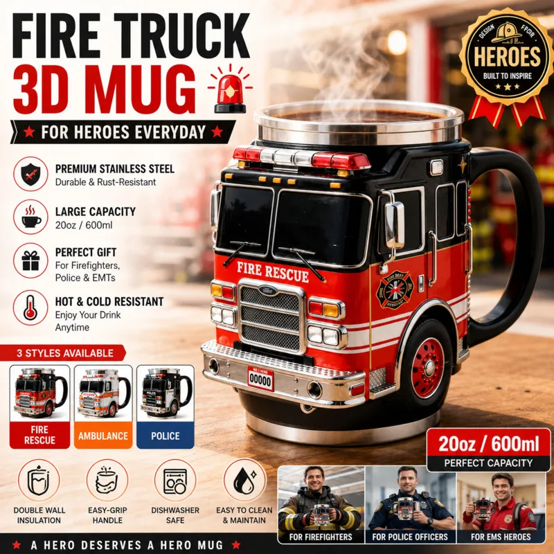 Novelty 3D Fire Truck Coffee Mug Large Capacity Stainless Steel Resin Cup Coffee Mug Firefighter Birthday Gift For Men Girl New